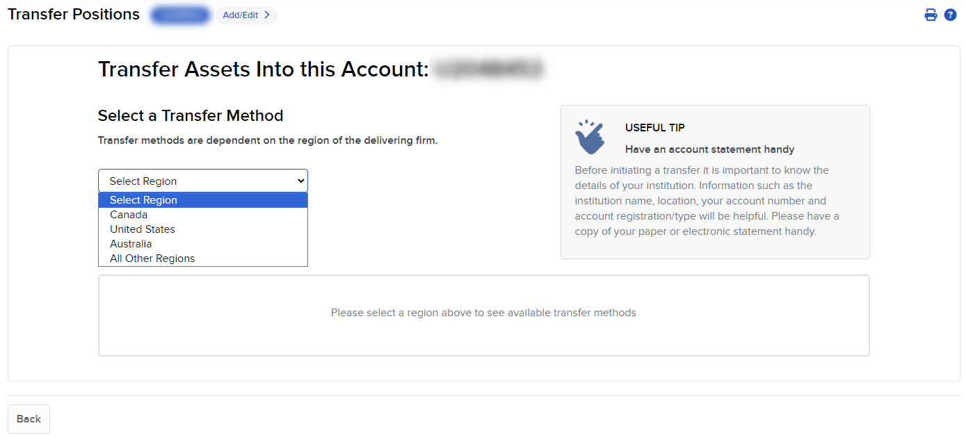 Select region drop down for transfer assets in portal. 